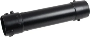 Black cylindrical firearm suppressor with mounting clamps on a matte finish surface