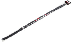 Long black braided item in clear plastic packaging with red labels, laid diagonally across a white background.