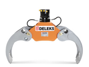 Log grapple for mini excavators with fixed rotator for quick linkage