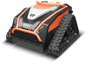 Autonomous tracked lawn mower robot with an orange frame and black body on a white background.