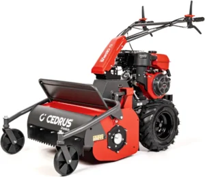 Gas-powered snow blower with red engine cover and black auger housing for clearing snow, Cedrus Premium.