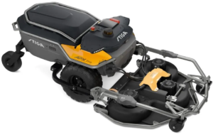 Stiga APX Pro robotic lawn mower with orange panel, dark body, and visible cutting deck and wheels.